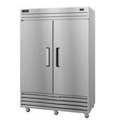 A large, double-door Valiance Series Refrigerator with vertical handles and ventilation vents at the bottom, mounted on four caster wheels. This two-section refrigerator features a digital temperature display in the top right corner.