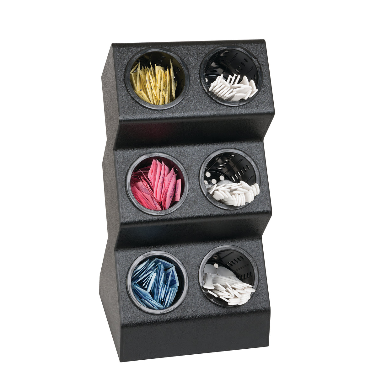 A black plastic flatware organizer designed for your countertop, featuring 6 compartments—each holding items like yellow sweetener packets, pink and blue sweeteners, and assorted plastic forks and spoons.