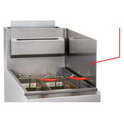 A commercial deep fryer with two wire baskets featuring red handles sits in a stainless steel housing. A red line points to the right side, highlighting the stainless steel splash guard on this essential commercial fryer accessory.