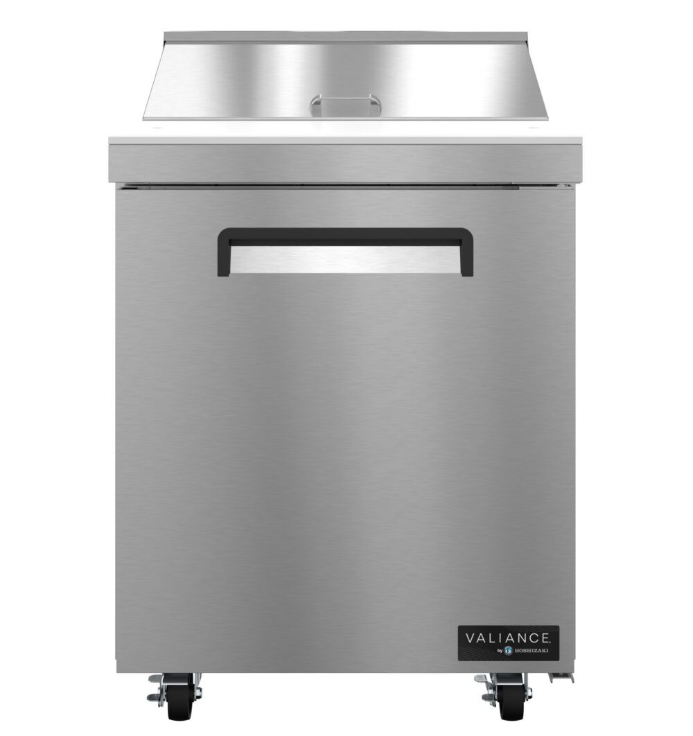 A stainless steel Valiance Series sandwich prep refrigerator with a sleek, rectangular design, black handle slot, vent panel at the bottom, casters for mobility, and a “VALIANCE” logo on the lower right corner.