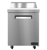 A stainless steel Valiance Series sandwich prep refrigerator with a sleek, rectangular design, black handle slot, vent panel at the bottom, casters for mobility, and a “VALIANCE” logo on the lower right corner.