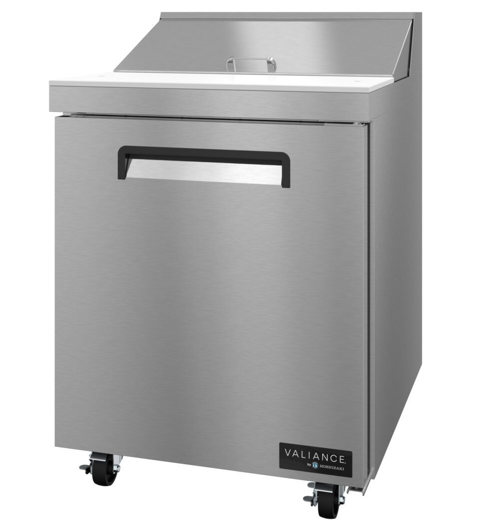 A stainless steel Valiance Series commercial sandwich prep refrigerator with a rectangular build, flat lid, and smooth surface. It features a recessed horizontal handle, VALIANCE label, and four caster wheels for easy mobility in any industrial setting.