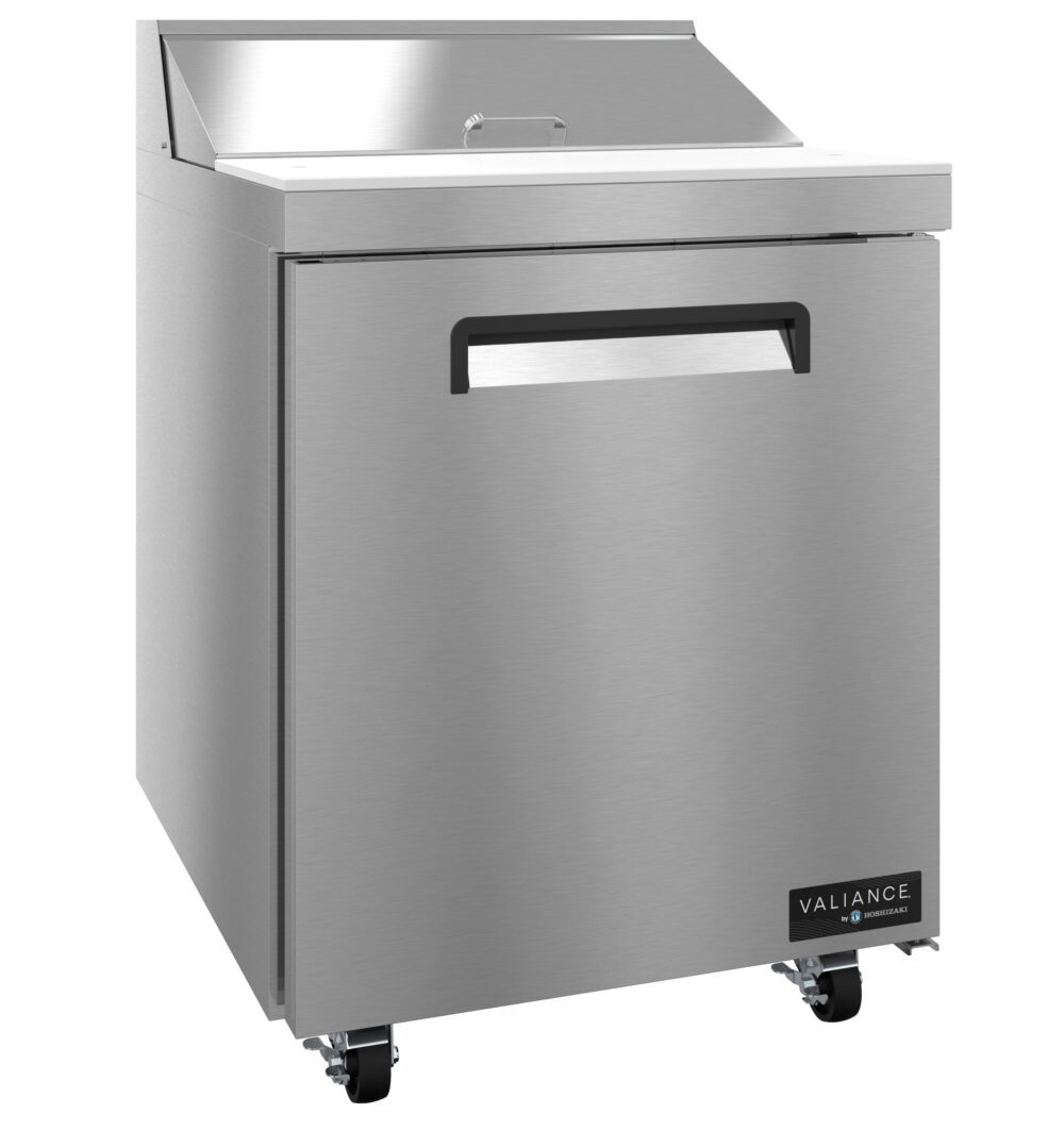 A stainless steel Valiance Series sandwich prep refrigerator with a solid door, prep top, and casters for mobility. The front features a rectangular handle and a VALIANCE brand label at the bottom right corner.