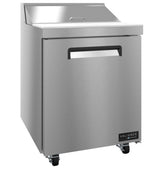 A stainless steel Valiance Series sandwich prep refrigerator with a solid door, prep top, and casters for mobility. The front features a rectangular handle and a VALIANCE brand label at the bottom right corner.