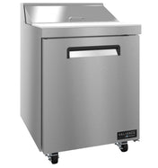 A stainless steel Valiance Series sandwich prep refrigerator with a solid door, prep top, and casters for mobility. The front features a rectangular handle and a VALIANCE brand label at the bottom right corner.