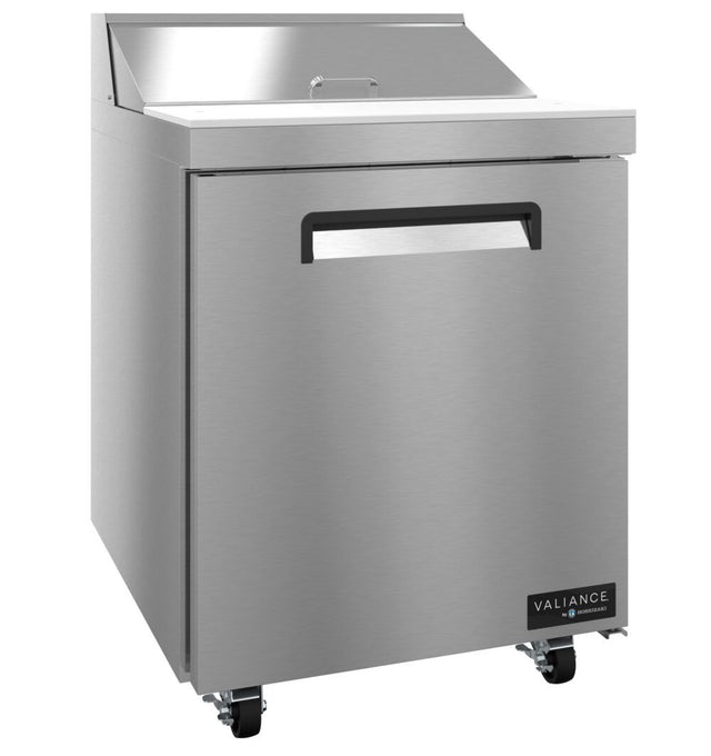 A stainless steel Valiance Series sandwich prep refrigerator with a solid door, prep top, and casters for mobility. The front features a rectangular handle and a VALIANCE brand label at the bottom right corner.