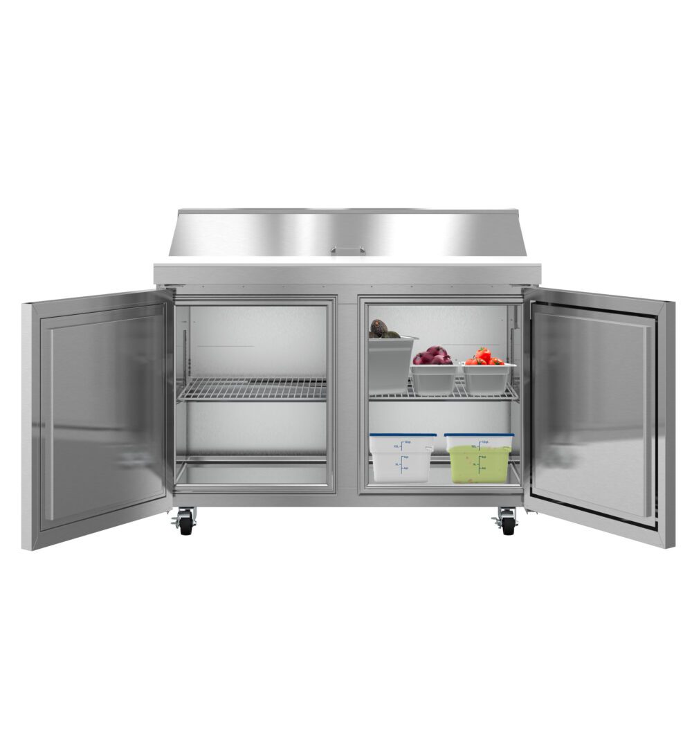 A stainless steel Hoshizaki Valiance Series sandwich prep refrigerator stands with both doors open, revealing two interior sections. The left side has a metal wire shelf, while the right features bins filled with fresh vegetables. The unit is on wheels.
