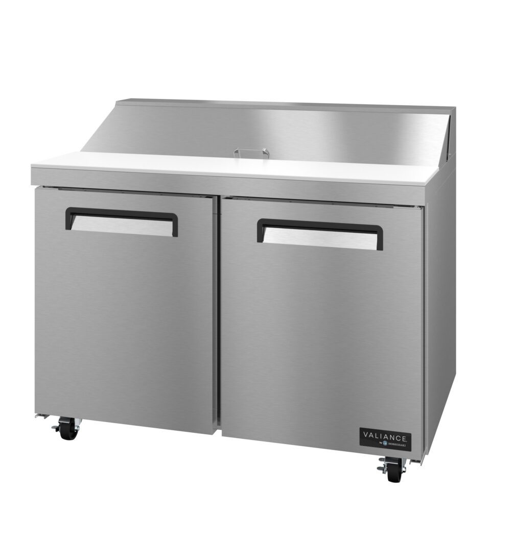 A commercial stainless steel Valiance Series prep table with two doors, black handles, a raised back, and casters for mobility. The smooth worktop and slight backsplash make it ideal as a sandwich prep refrigerator in any kitchen or restaurant.