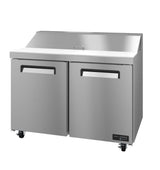 A commercial stainless steel Valiance Series prep table with two doors, black handles, a raised back, and casters for mobility. The smooth worktop and slight backsplash make it ideal as a sandwich prep refrigerator in any kitchen or restaurant.