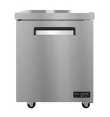 A stainless steel Hoshizaki VUF27A undercounter freezer features a smooth front, horizontal handle, and four wheels. The unit is rectangular with a VALIANCE logo at the bottom right corner against a plain white background.