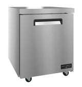 A Valiance Series stainless steel commercial refrigerator with a single front door, recessed handle, and four caster wheels. The brushed metal exterior features a “Valiance” brand logo on the bottom right corner of the door.