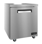 A Valiance Series stainless steel commercial refrigerator with a single front door, recessed handle, and four caster wheels. The brushed metal exterior features a “Valiance” brand logo on the bottom right corner of the door.