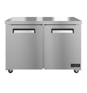 A double-door commercial stainless steel refrigerator or undercounter freezer on wheels, featuring a smooth metallic finish, recessed handles, and the Valiance brand logo in the bottom right corner. The appliance is ENERGY STAR certified and sits on four small caster wheels.
