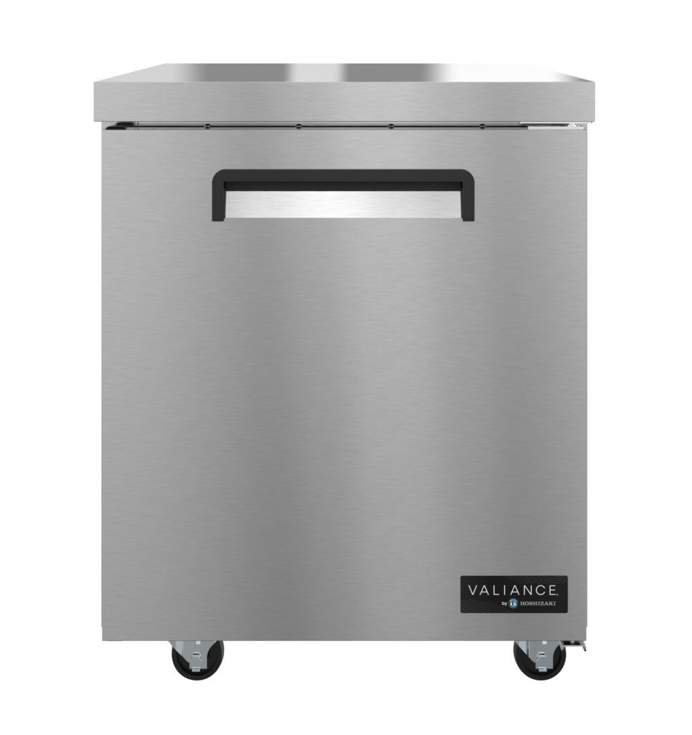 A stainless steel Hoshizaki VUR27A undercounter refrigerator with a single solid door, black recessed handle, four small wheels, and a “Valiance” brand label. The overall design is modern, clean, industrial, and ENERGY STAR certified.