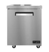 A stainless steel Hoshizaki VUR27A undercounter refrigerator with a single solid door, black recessed handle, four small wheels, and a “Valiance” brand label. The overall design is modern, clean, industrial, and ENERGY STAR certified.