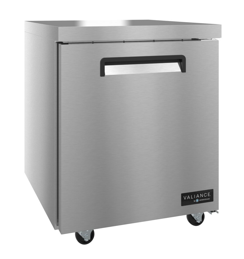 A sleek, modern undercounter refrigerator with a smooth metallic finish, the stainless steel Hoshizaki VUR27A features a single door, handle, and four wheels. The front sports a black rectangular Valiance logo and boasts ENERGY STAR efficiency.