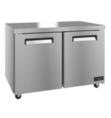 A stainless steel, double-door Valiance Series commercial refrigerator on wheels with black handles and a “VALANCE” logo in the lower right corner. Sleek and modern, it’s ideal for any professional kitchen or food service environment.