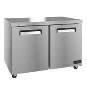 A stainless steel, double-door Valiance Series commercial refrigerator on wheels with black handles and a “VALANCE” logo in the lower right corner. Sleek and modern, it’s ideal for any professional kitchen or food service environment.
