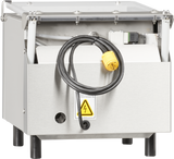 A metal electrical appliance with a hinged lid, black legs, a yellow plug attached to a coiled black cable, electrical switches, and a high voltage warning sign on the front panel. This industrial, stainless-steel Berkel 250-STD Vacuum Packaging Machine features a single chamber.