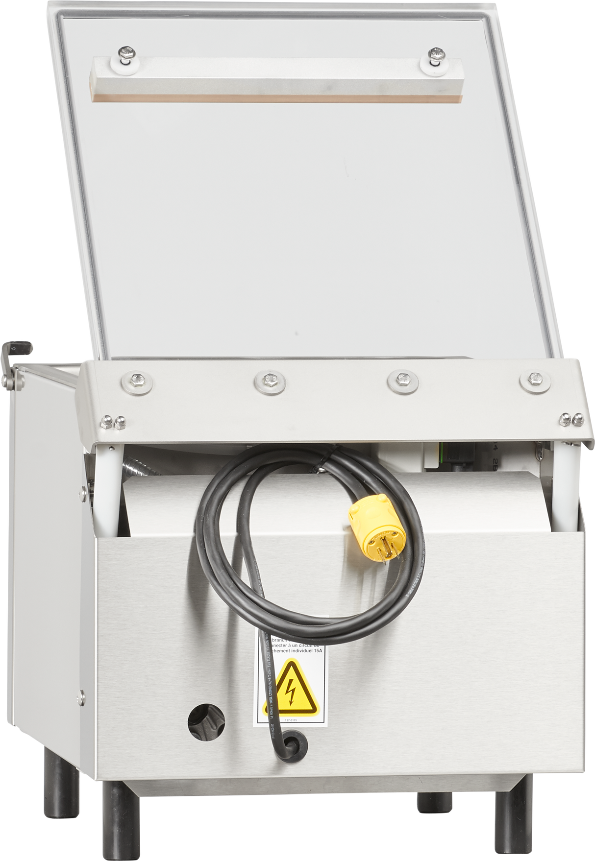 A Berkel 250-STD Vacuum Packaging Machine with a single stainless steel chamber stands on four black legs. Its open top lid reveals the interior, while a thick black power cord with a yellow plug hangs over the front and a high-voltage warning sticker is displayed.