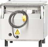 A stainless steel Berkel 250-STD Vacuum Packaging Machine with a yellow electrical warning sign, a thick black power cord coiled around it ending in a large yellow plug, and visible control components on the single chamber’s top and inside the open section.