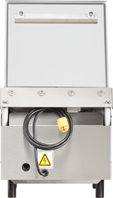A Berkel 250-STD vacuum packaging machine with a single stainless steel chamber features a front panel, a black power cord with yellow plug, high voltage warning label, visible screws, upper panel, and metallic handle.