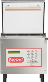 The Berkel 250-STD is a single stainless steel chamber vacuum packaging machine with a sleek, transparent lid. Its control panel features a small display, number pad, and buttons, while the iconic red Berkel logo is displayed on the front.
