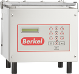 The Berkel 250-STD Single Chamber Vacuum Packaging Machine features a stainless steel build, a control panel with a digital display, numeric keypad with letters, function buttons, and the signature red Berkel logo. It stands on four black legs.