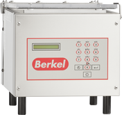 The Berkel 250-STD Single Chamber Vacuum Packaging Machine features a stainless steel build, a control panel with a digital display, numeric keypad with letters, function buttons, and the signature red Berkel logo. It stands on four black legs.
