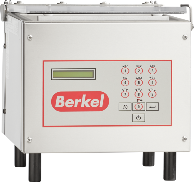 The Berkel 250-STD Single Chamber Vacuum Packaging Machine features a stainless steel build, a control panel with a digital display, numeric keypad with letters, function buttons, and the signature red Berkel logo. It stands on four black legs.