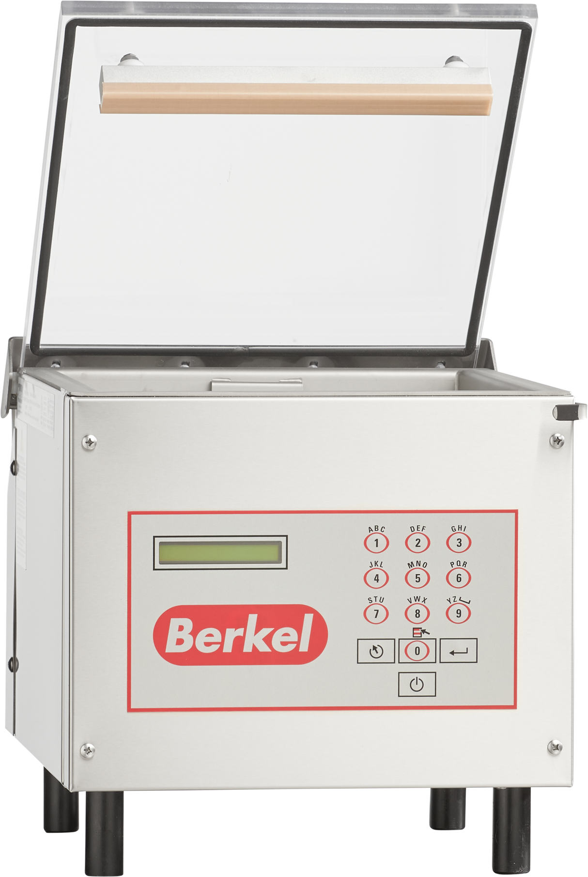 A Berkel 250-STD vacuum packaging machine with a single stainless steel chamber and an upward-opening transparent lid. The front panel includes a digital display, numbered buttons, and red indicator lights next to the bold Berkel logo.