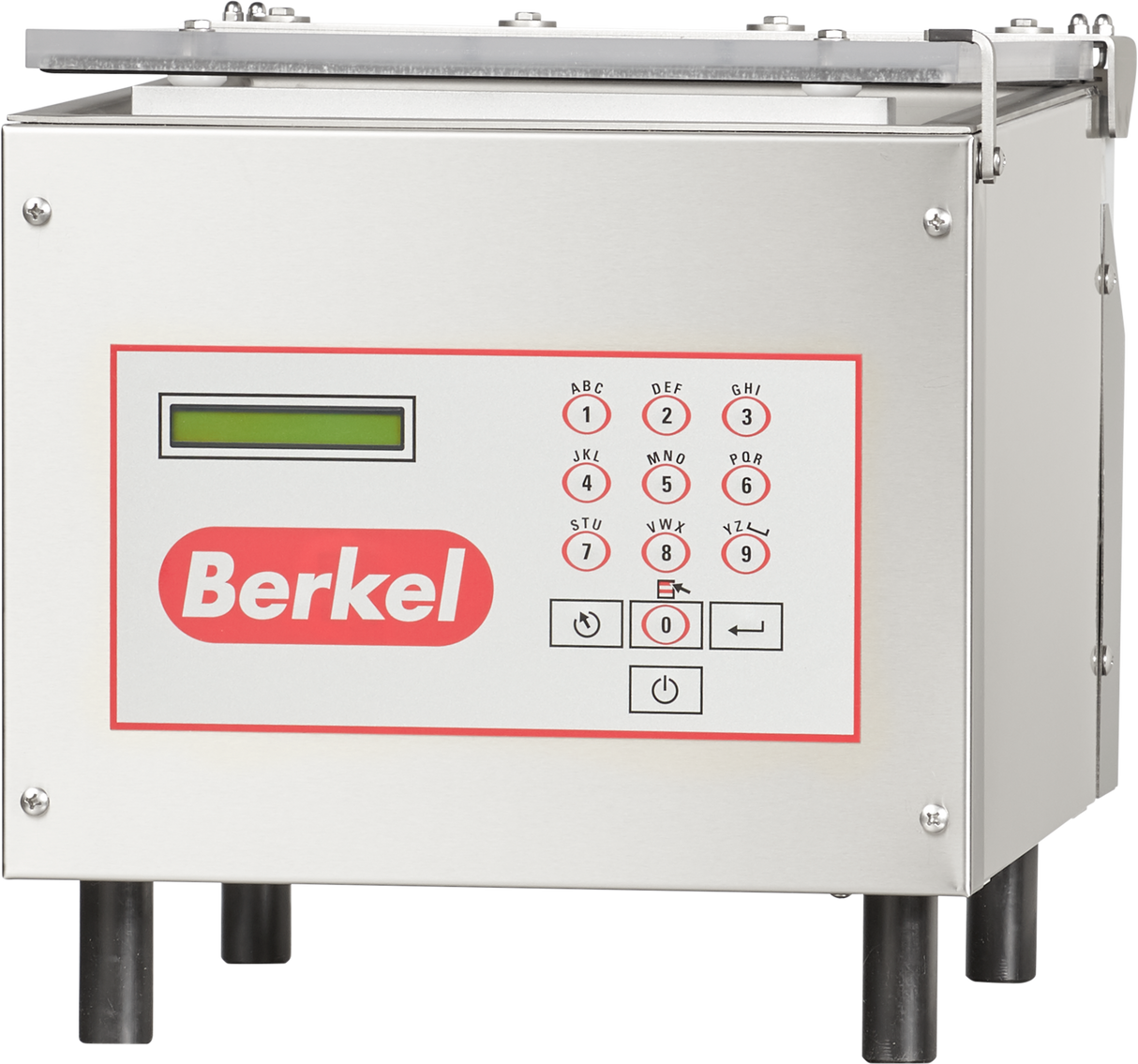 A stainless steel Berkel 250-STD Single Chamber Vacuum Packaging Machine control unit with a keypad, small display screen, and a red Berkel logo beneath the keypad. The unit features numbered and lettered buttons and stands on four black legs.