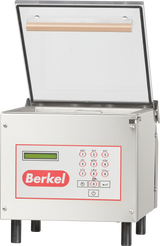 The Berkel 250-STD vacuum packaging machine features a single stainless steel chamber, transparent open lid, digital control panel with keypad, and small display screen. It stands on four black legs with the red Berkel logo prominently displayed.
