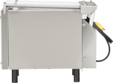 A stainless steel countertop appliance with a boxy shape, black legs, and a yellow-handled electrical cord. The side view reveals smooth metal, screws, and a partially visible lever—ideal for Vacuum Packaging Machine applications like the Berkel 250-STD.