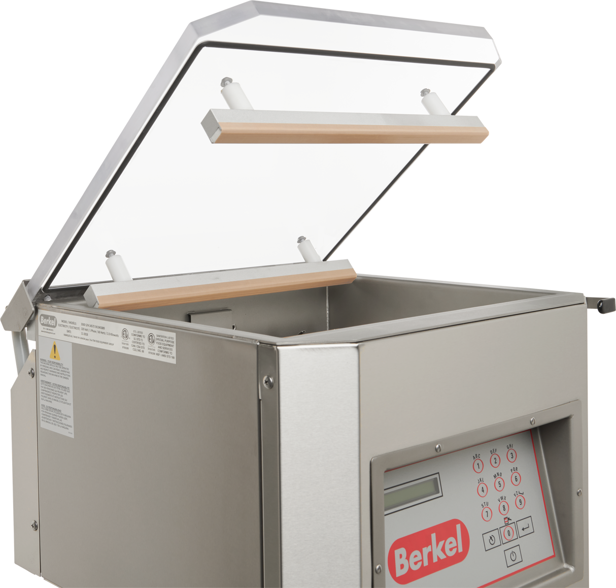 A stainless steel Berkel 350D-STD Single Chamber Vacuum Packaging Machine with an open transparent lid reveals the sealing bars inside. The front control panel features buttons, a digital display, and the signature red Berkel logo.