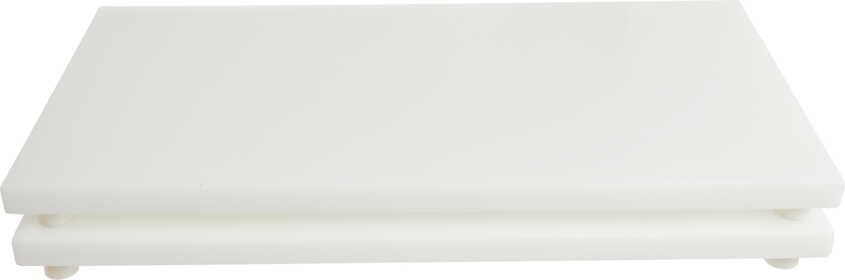 A white, rectangular, flat platform with rounded edges is stacked above a slightly smaller matching platform—similar to trays in a Vacuum Packaging Machine. Both platforms have smooth surfaces, separated by small cylindrical supports at the corners. The background is transparent.