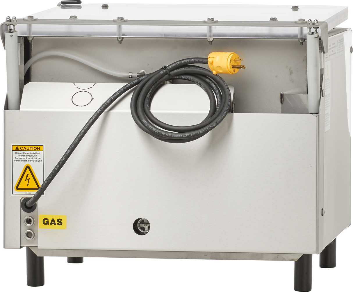 A metallic white Berkel 350D-STD Vacuum Packaging Machine with an open panel reveals cables, a yellow electric plug, and warning labels for electricity and gas. A thick black cable loops across the front of this modern Single Chamber machine.