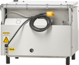 A metallic white Berkel 350D-STD Vacuum Packaging Machine with an open panel reveals cables, a yellow electric plug, and warning labels for electricity and gas. A thick black cable loops across the front of this modern Single Chamber machine.
