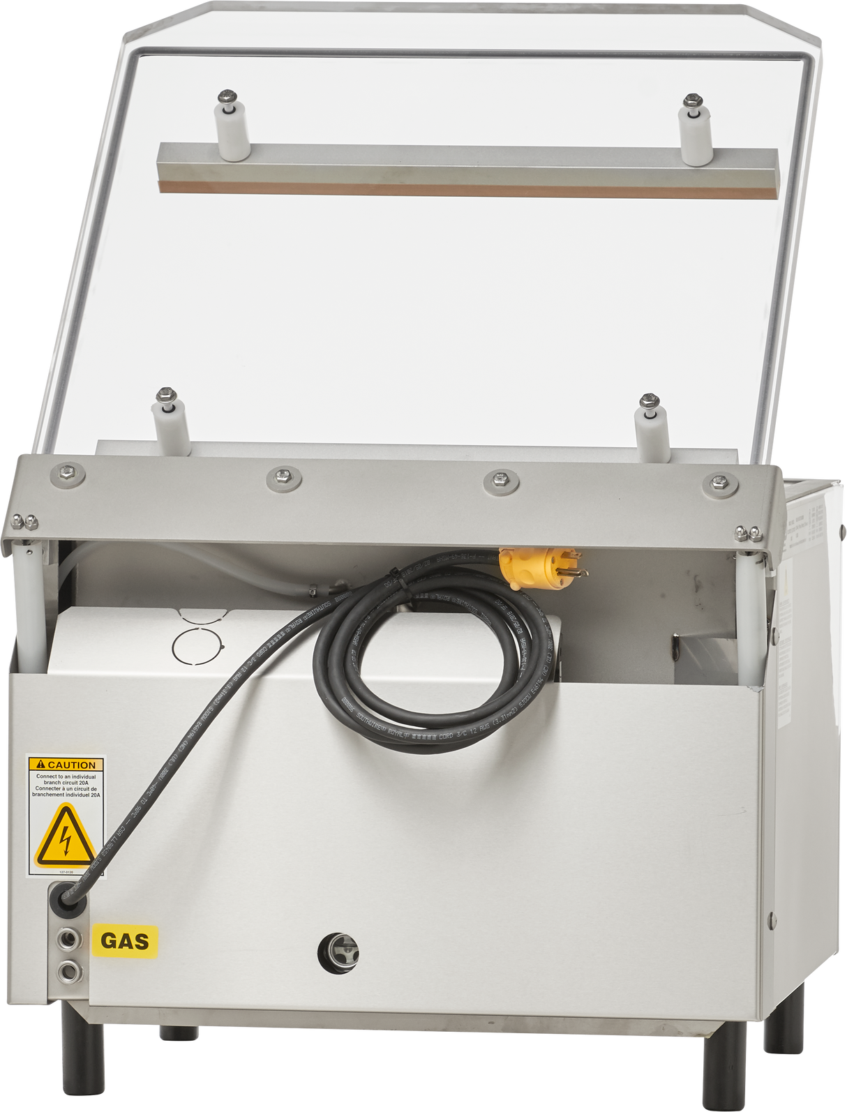 A white single chamber Vacuum Packaging Machine with a hinged, transparent lid propped open. A thick black power cord with a yellow plug hangs at the front. “GAS” and warning labels are visible on its metallic, utilitarian body with short legs.