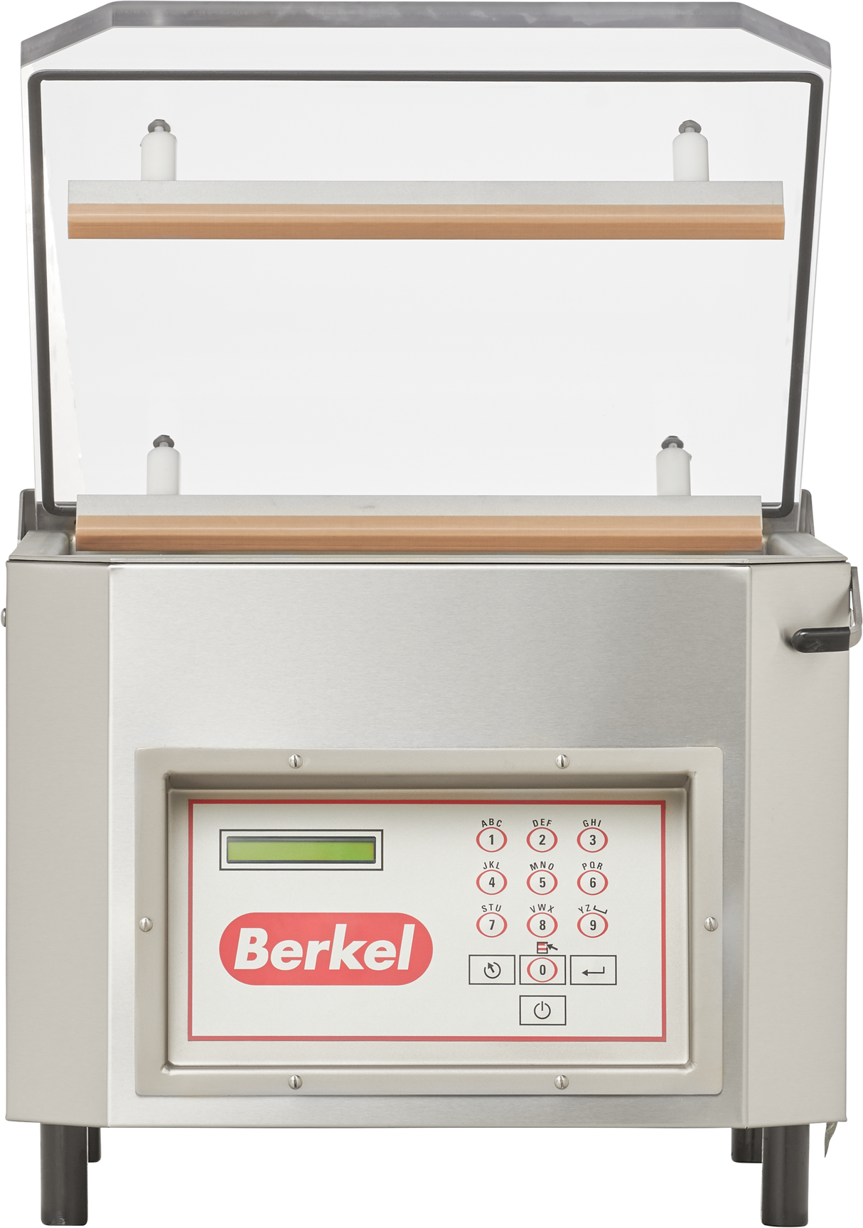 A stainless steel Berkel single chamber Vacuum Packaging Machine with an open transparent lid, two sealing bars, and a digital control panel on the front. The Berkel logo is prominently displayed in red.