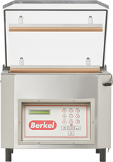 A stainless steel Berkel single chamber Vacuum Packaging Machine with an open transparent lid, two sealing bars, and a digital control panel on the front. The Berkel logo is prominently displayed in red.