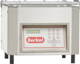 The Berkel 350D-STD Single Chamber Vacuum Packaging Machine features a stainless steel body, digital control panel, transparent lid, and sturdy black legs—ideal for efficient and precise vacuum sealing.
