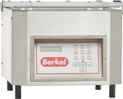 The Berkel 350D-STD Single Chamber Vacuum Packaging Machine features a stainless steel body, digital control panel, transparent lid, and sturdy black legs—ideal for efficient and precise vacuum sealing.
