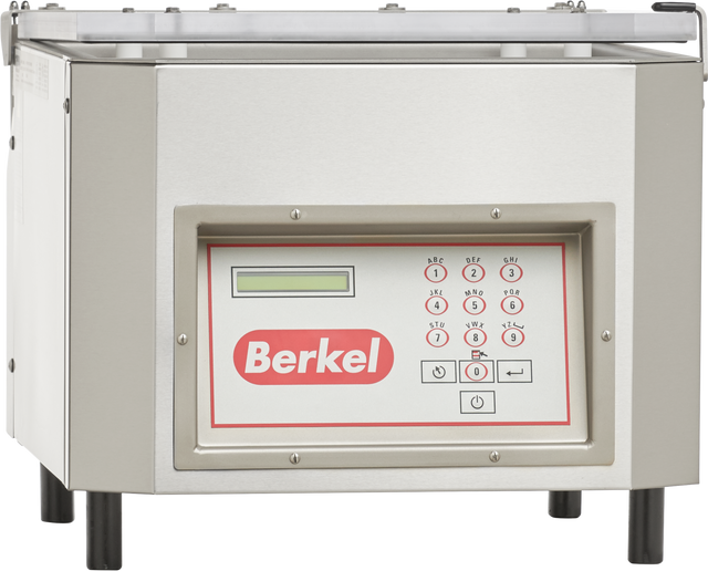 The Berkel 350D-STD Single Chamber Vacuum Packaging Machine features a stainless steel body, digital control panel, transparent lid, and sturdy black legs—ideal for efficient and precise vacuum sealing.