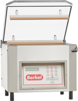 A stainless steel Berkel single chamber Vacuum Packaging Machine with an open transparent lid, digital control panel with buttons and display, and two sealing bars inside. The Berkel logo is prominently shown on the front panel.