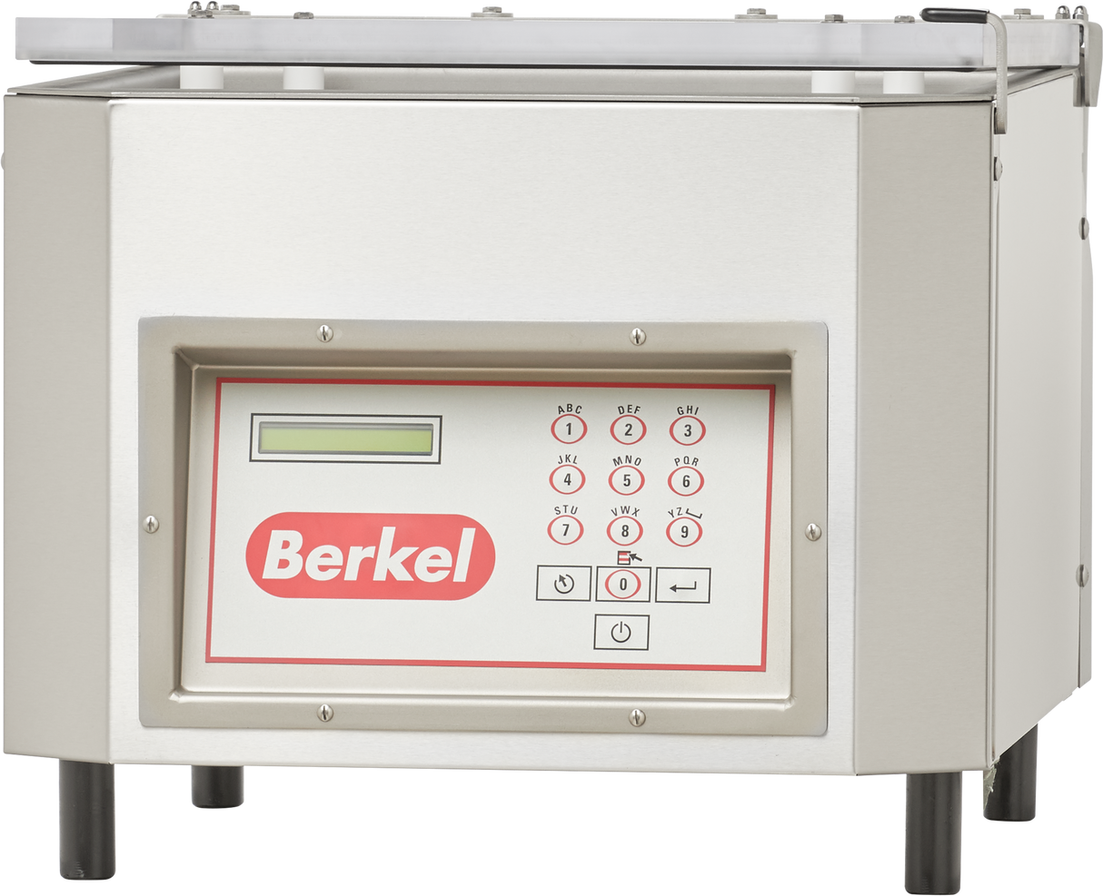 A stainless steel Berkel 350D-STD Single Chamber Vacuum Packaging Machine with a digital control panel, display screen, numbered keypad, and function buttons. The transparent lid sits open on top, and the device stands on four short legs.
