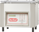 A stainless steel Berkel 350D-STD Single Chamber Vacuum Packaging Machine with a digital control panel, display screen, numbered keypad, and function buttons. The transparent lid sits open on top, and the device stands on four short legs.