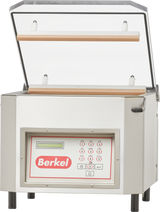 A Berkel single chamber vacuum packaging machine with a transparent hinged lid open, revealing two sealing bars inside. The front panel features a digital display, control buttons, and the Berkel logo. The stainless steel exterior stands on four black legs.