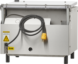 A stainless steel Berkel single chamber Vacuum Packaging Machine features an open front panel revealing internal components, a black hose, and a yellow electric plug. Warning and gas stickers are visible on the front, with small legs and a transparent top cover.