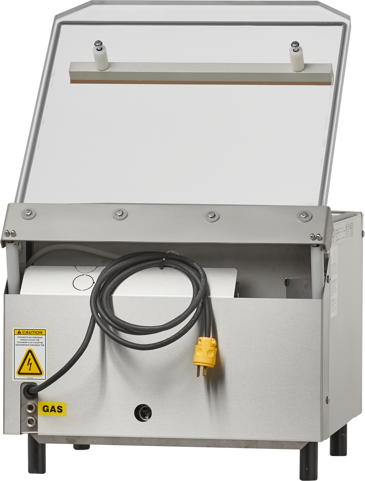 A Berkel stainless steel single chamber Vacuum Packaging Machine with a hinged lid opens upward, exposing a coiled black power cord with a yellow plug. Labels indicate “CAUTION” for electrical risk and “GAS.” The appliance stands on four black legs.